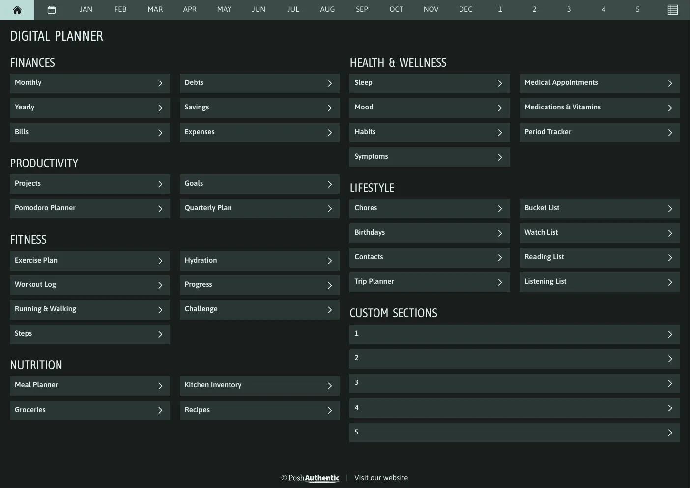 The planner’s dashboard page in the Jade dark mode colorway — tappable section rows under the month navigation bar.