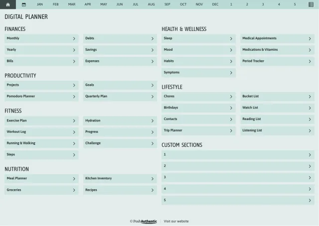 The planner’s dashboard page in the Jade colorway — tappable section rows under the month navigation bar.