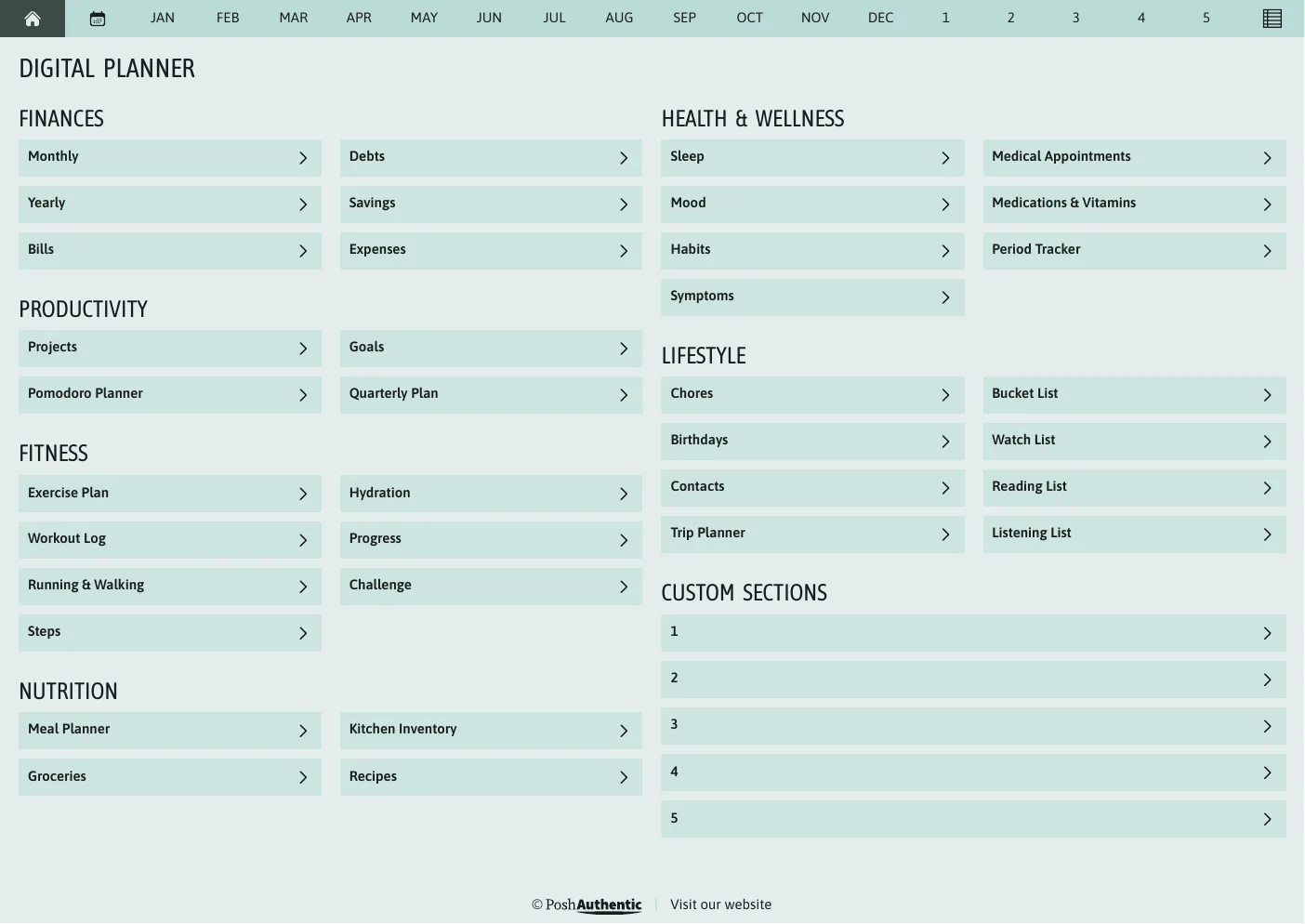 The planner’s dashboard page in the Jade colorway — tappable section rows under the month navigation bar.