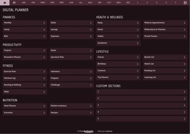 The planner’s dashboard page in the Plum dark mode colorway — tappable section rows under the month navigation bar.