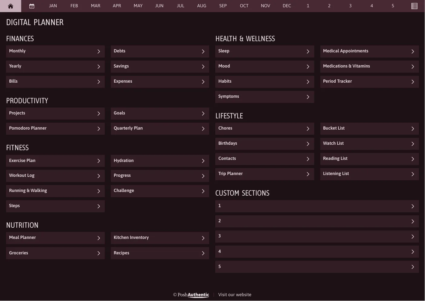 The planner’s dashboard page in the Plum dark mode colorway — tappable section rows under the month navigation bar.