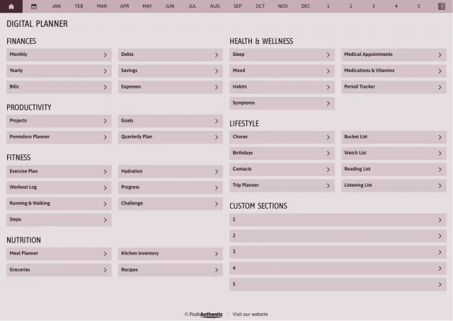 The planner’s dashboard page in the Plum colorway — tappable section rows under the month navigation bar.
