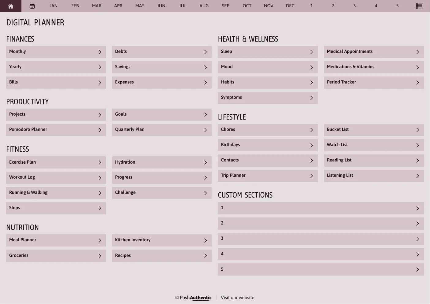 The planner’s dashboard page in the Plum colorway — tappable section rows under the month navigation bar.