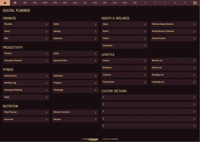 The planner’s dashboard page in the Telluric Awe dark mode colorway — tappable section rows under the month navigation bar.