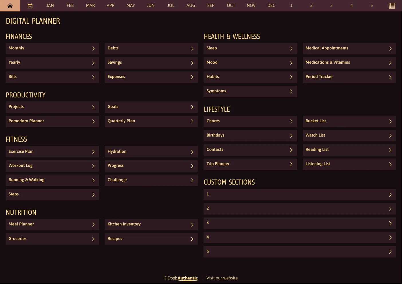 The planner’s dashboard page in the Telluric Awe dark mode colorway — tappable section rows under the month navigation bar.