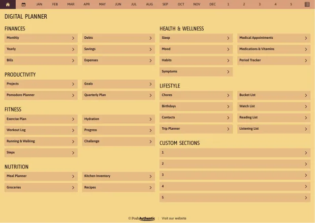 The planner’s dashboard page in the Telluric Awe colorway — tappable section rows under the month navigation bar.