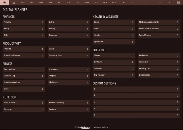 The planner’s dashboard page in the Terracotta dark mode colorway — tappable section rows under the month navigation bar.