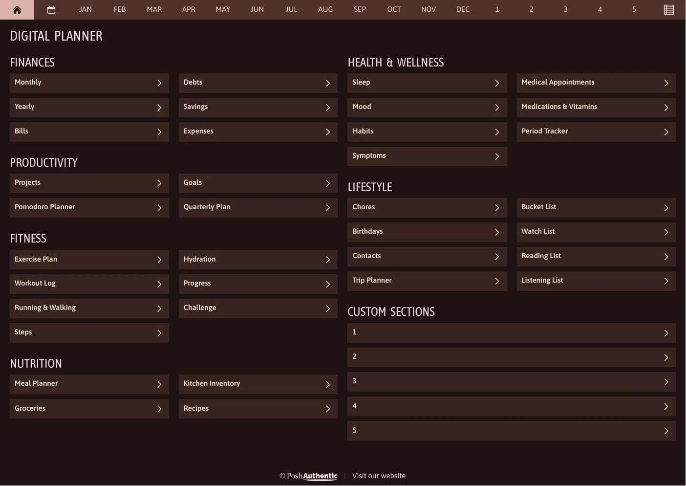 The planner’s dashboard page in the Terracotta dark mode colorway — tappable section rows under the month navigation bar.