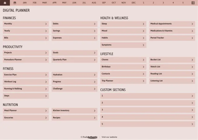 The planner’s dashboard page in the Terracotta colorway — tappable section rows under the month navigation bar.
