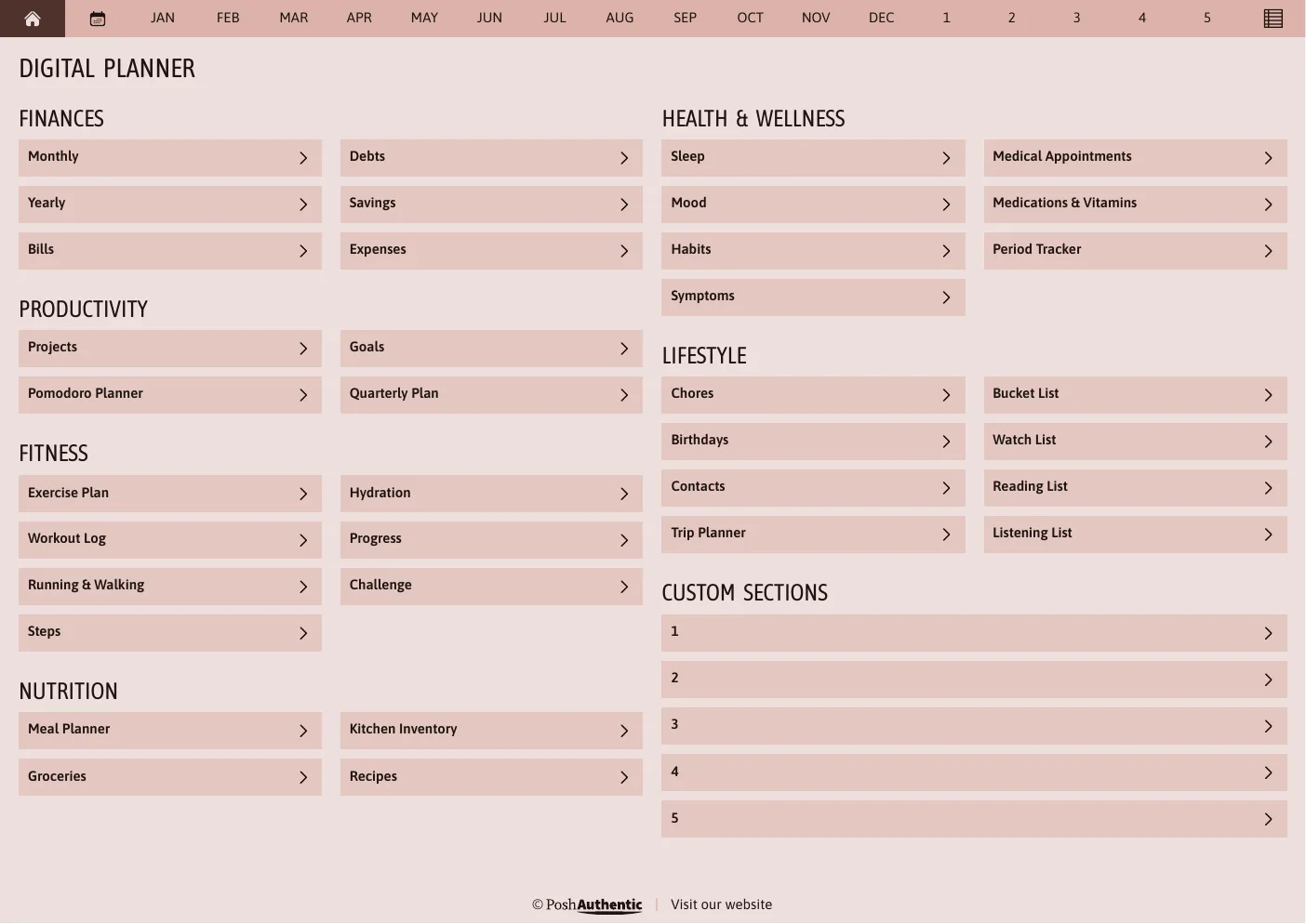 The planner’s dashboard page in the Terracotta colorway — tappable section rows under the month navigation bar.