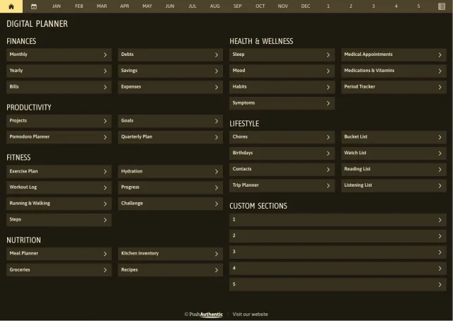 The planner’s dashboard page in the Yellow dark mode colorway — tappable section rows under the month navigation bar.