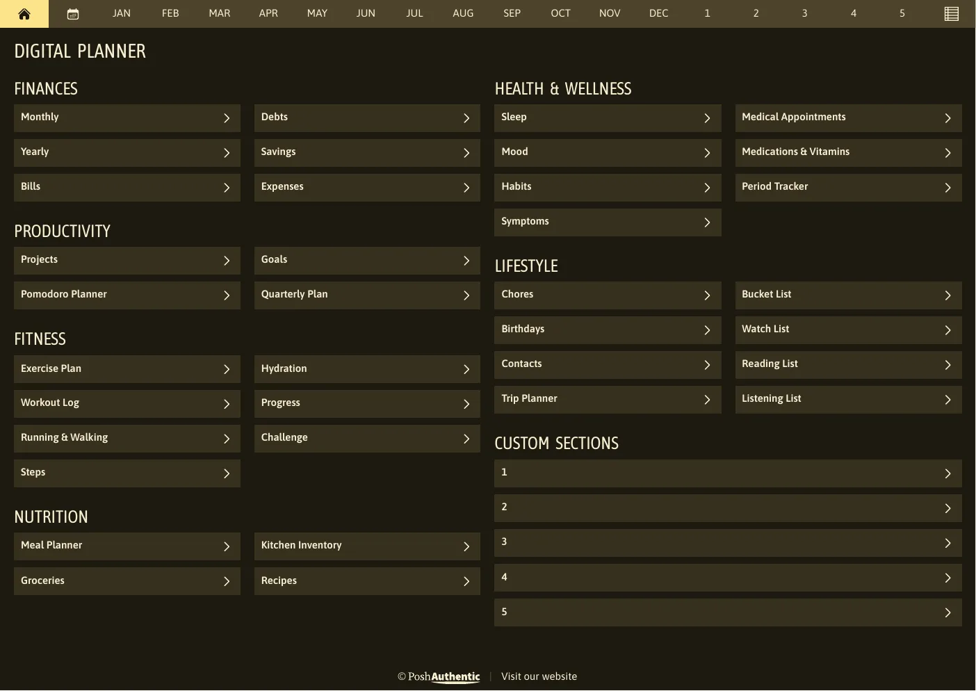 The planner’s dashboard page in the Yellow dark mode colorway — tappable section rows under the month navigation bar.