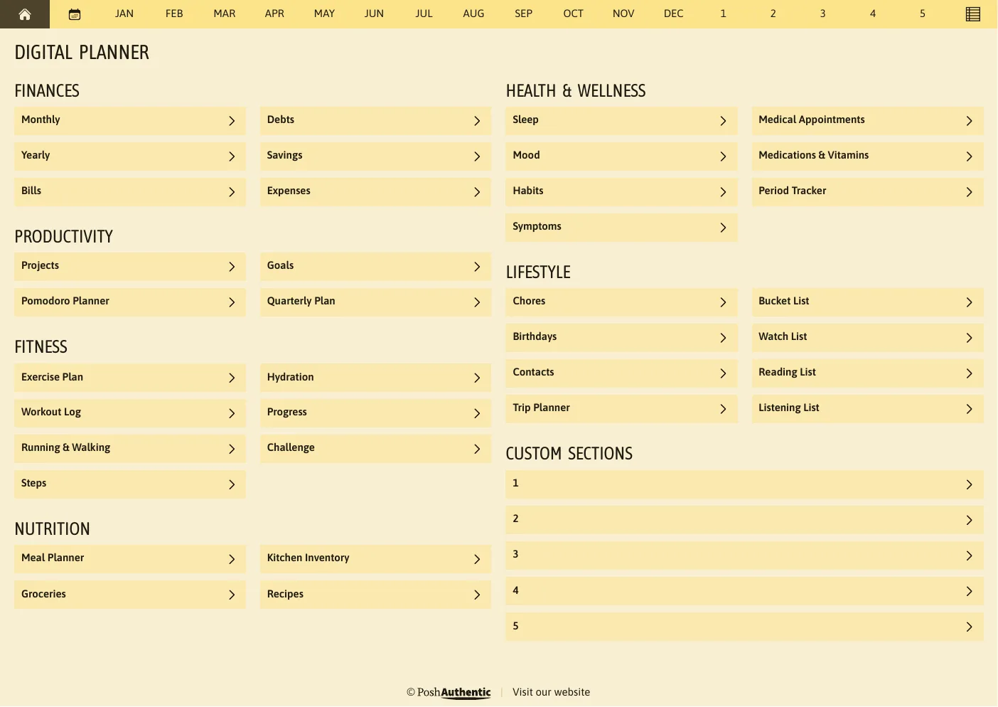 The planner’s dashboard page in the Yellow colorway — tappable section rows under the month navigation bar.