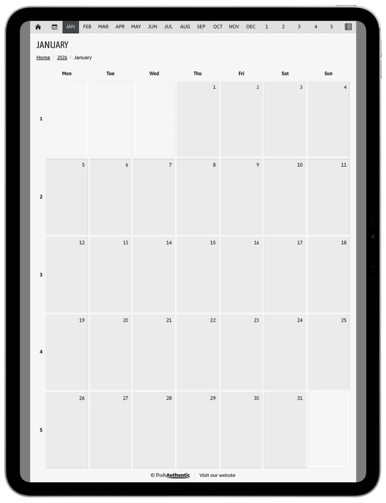 An A4 page on a 13-inch iPad, open to a January month grid, with grey bands down the left and right edges where the taller page does not reach the sides of the squarer screen.