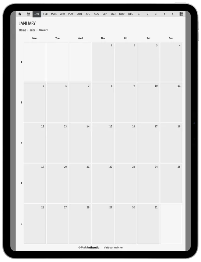 An A4 page on a 13-inch iPad, open to a January month grid, with grey bands down the left and right edges where the taller page does not reach the sides of the squarer screen.