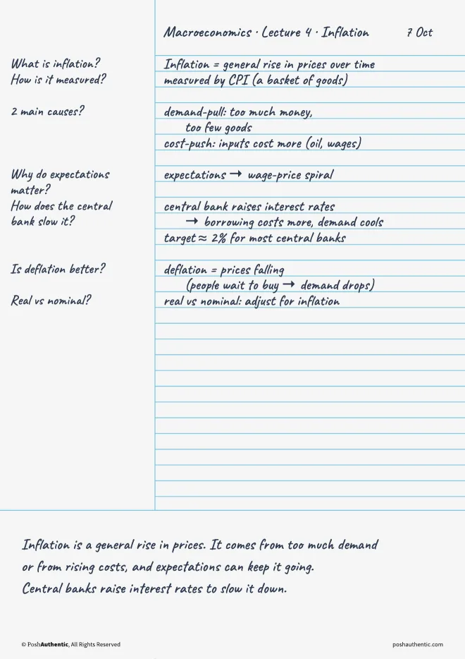 The same Cornell page filled in by hand for an economics lecture on inflation: notes in the note area, questions such as “What is inflation?” in the cue column beside the notes that answer them, and a three-sentence summary across the bottom.
