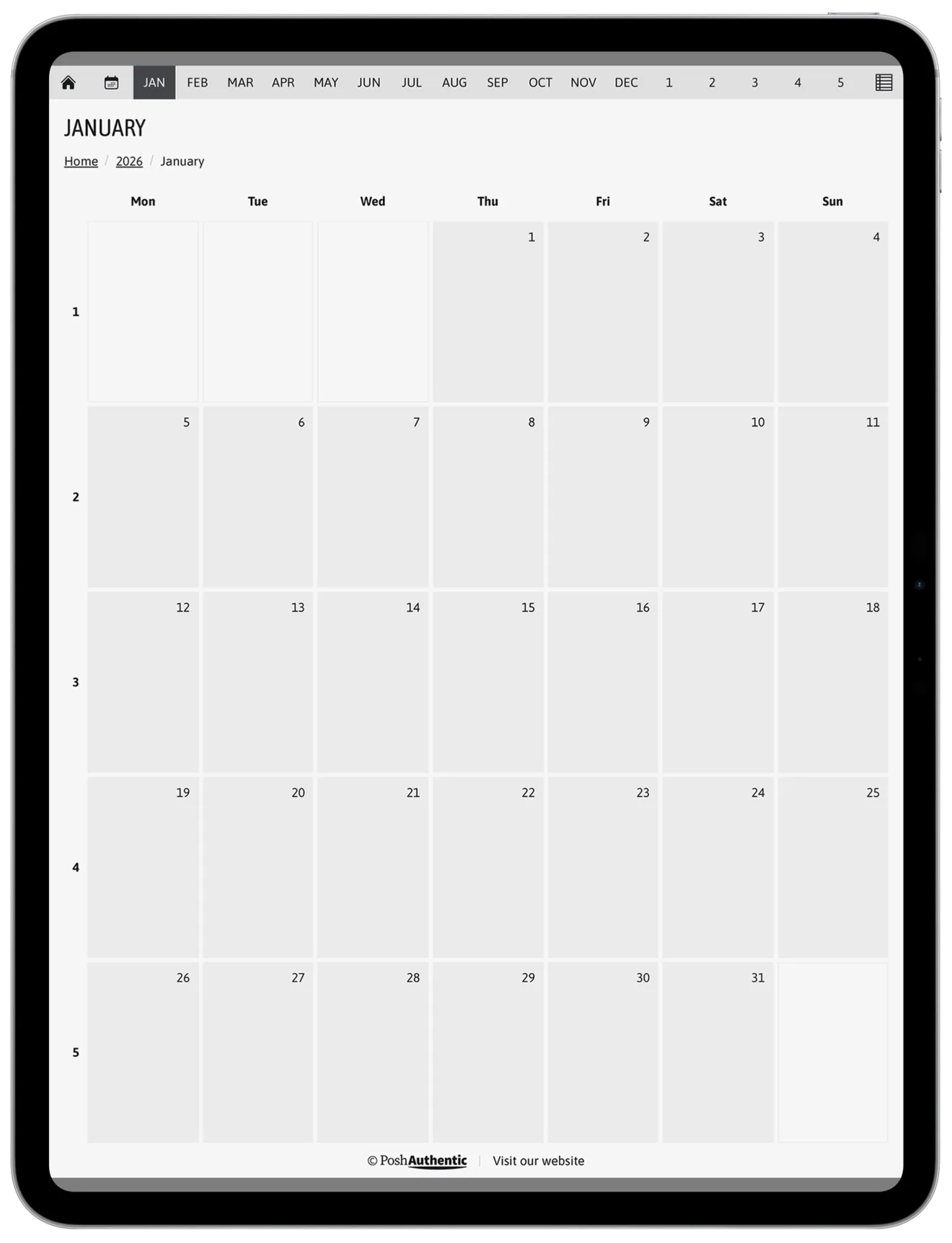 A Letter page on the same 13-inch iPad, open to the same January month grid: it reaches both side edges and leaves narrower grey bands across the top and bottom instead.