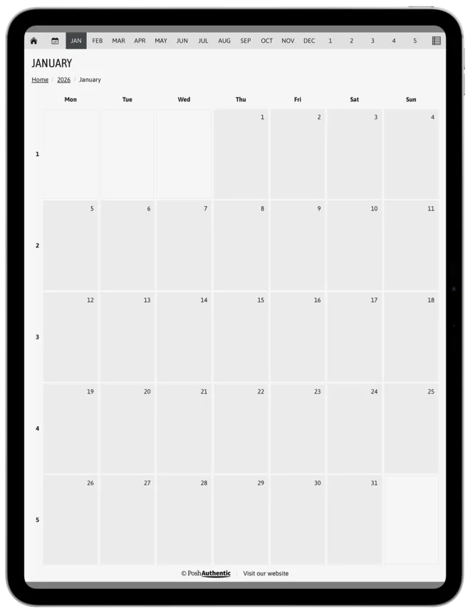 A Letter page on the same 13-inch iPad, open to the same January month grid: it reaches both side edges and leaves narrower grey bands across the top and bottom instead.