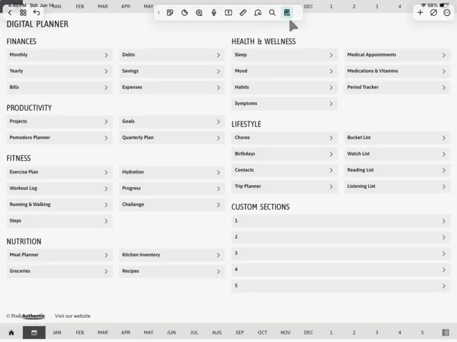 The Noteshelf toolbar open above a planner dashboard, with the Read only Mode button highlighted at the right-hand end of the row.
