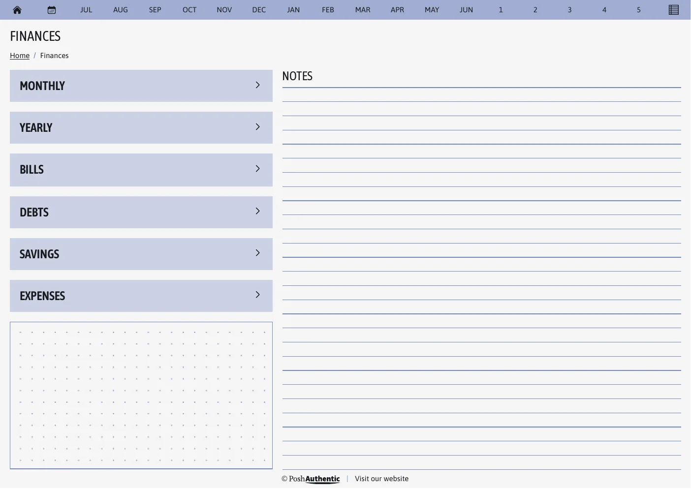 A Finances section page. Under the heading, a breadcrumb reads Home slash Finances, with Home underlined as a link. Below it, six rows — Monthly, Yearly, Bills, Debts, Savings, Expenses — each ending in a chevron, beside a ruled notes column.